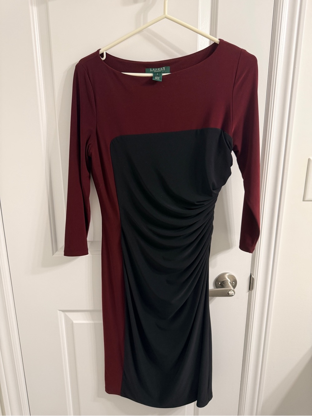 Ralph Lauren Burgundy and Black Ruched Long-Sleeve Sheath Dress